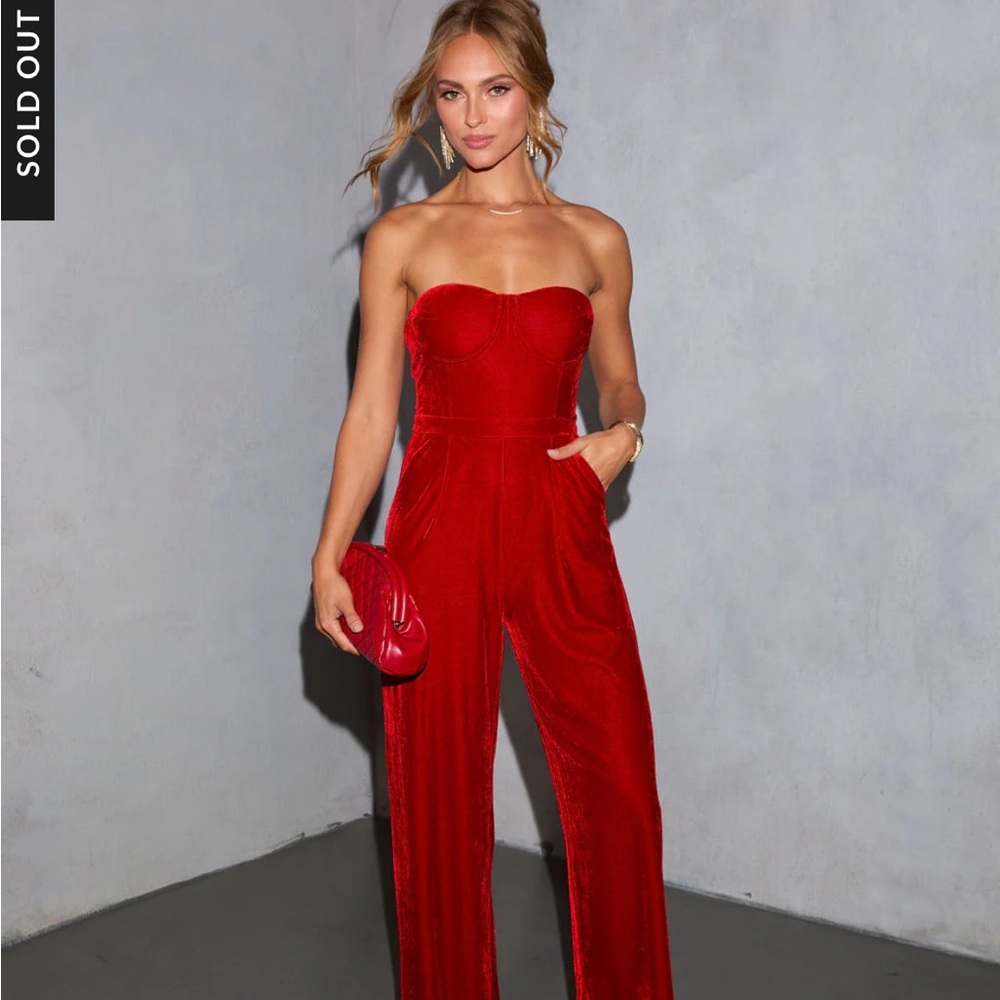 Red strapless velvet jumpsuit